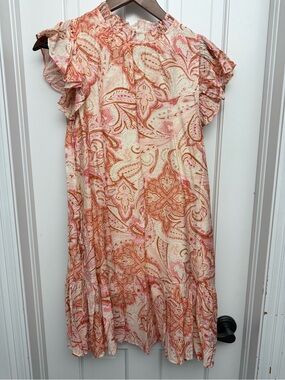 Women's Paisley Ruffle Sleeve Dress - Cream & Pink